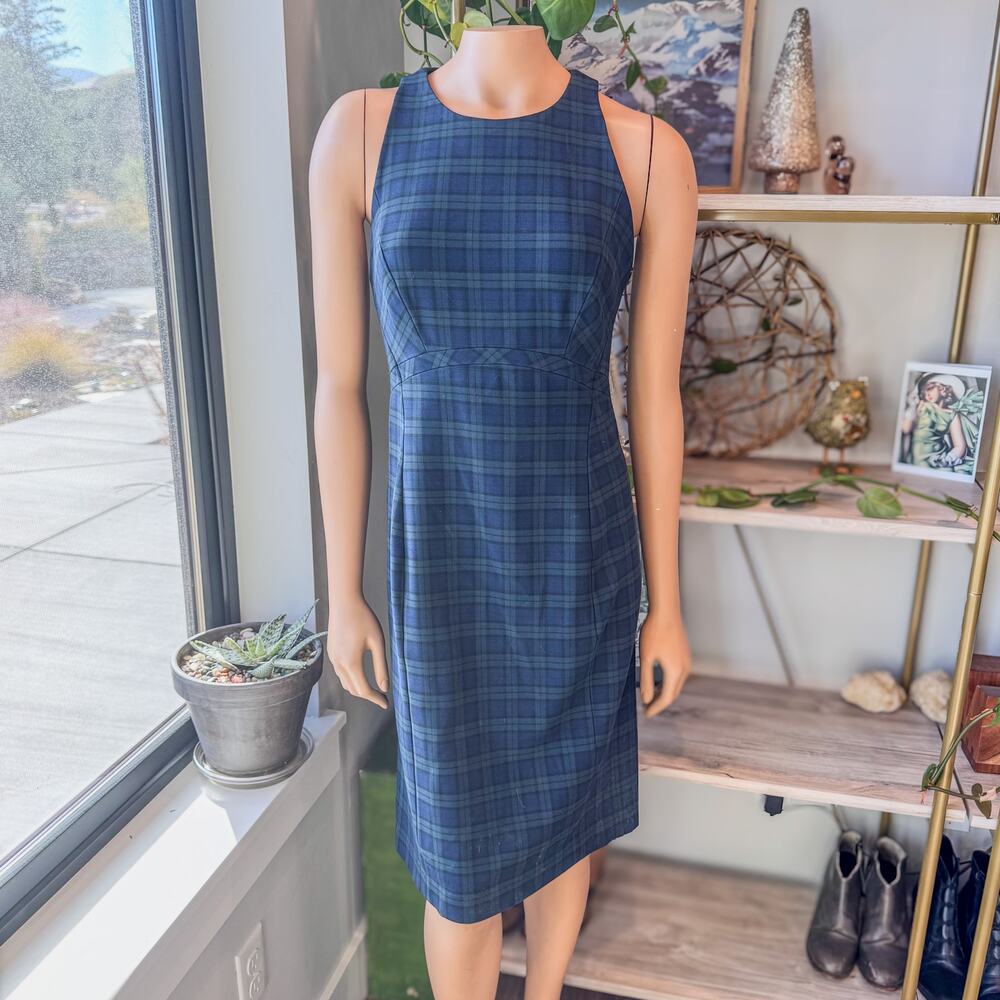 Banana Republic, Tartan Plaid Sleeveless Sheath Dress, Navy and Green, Women's 6 - Picture 10 of 13